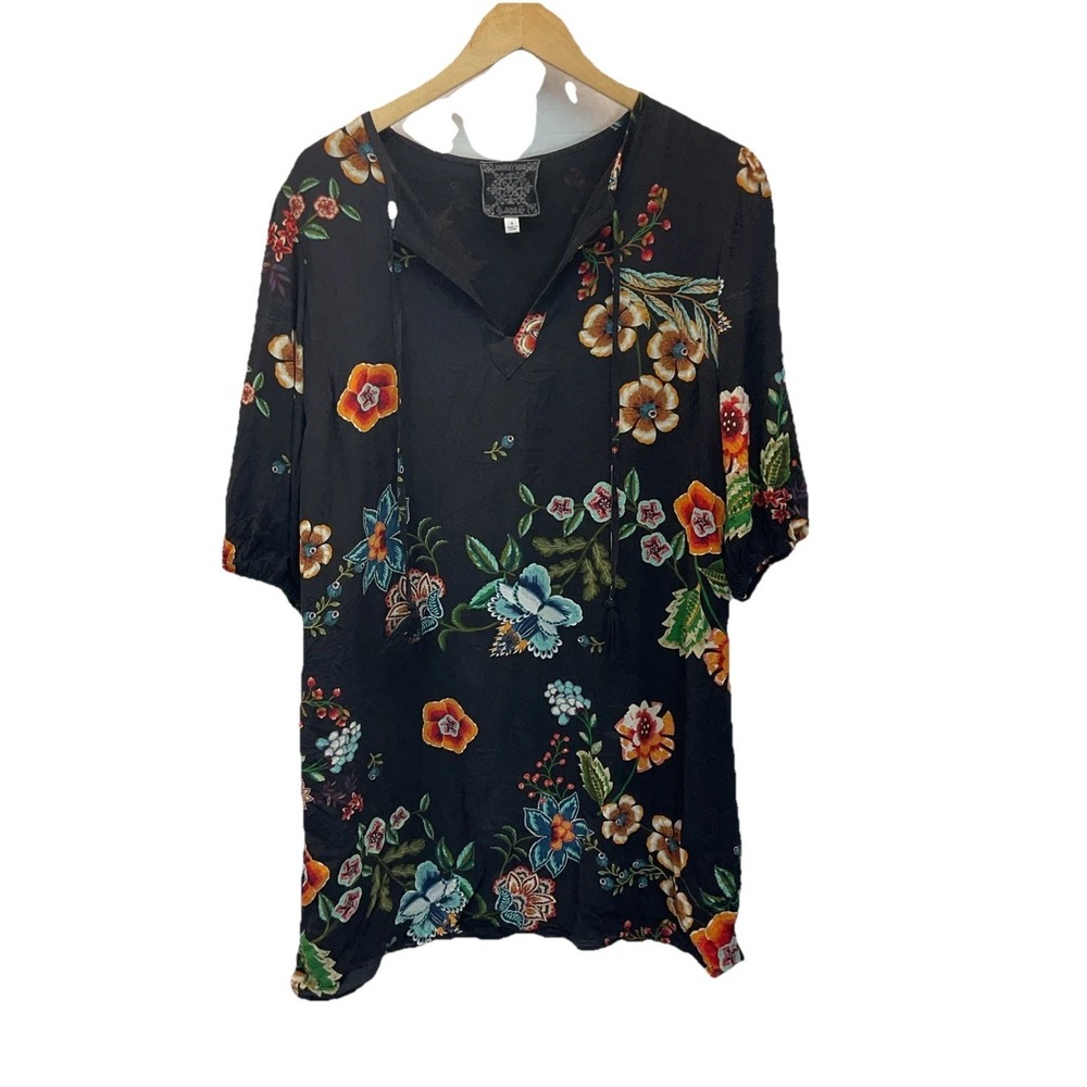 Johnny Was Jade Zorya 100% Silk Floral Print Puff Sleeve Mini Dress Black Size S